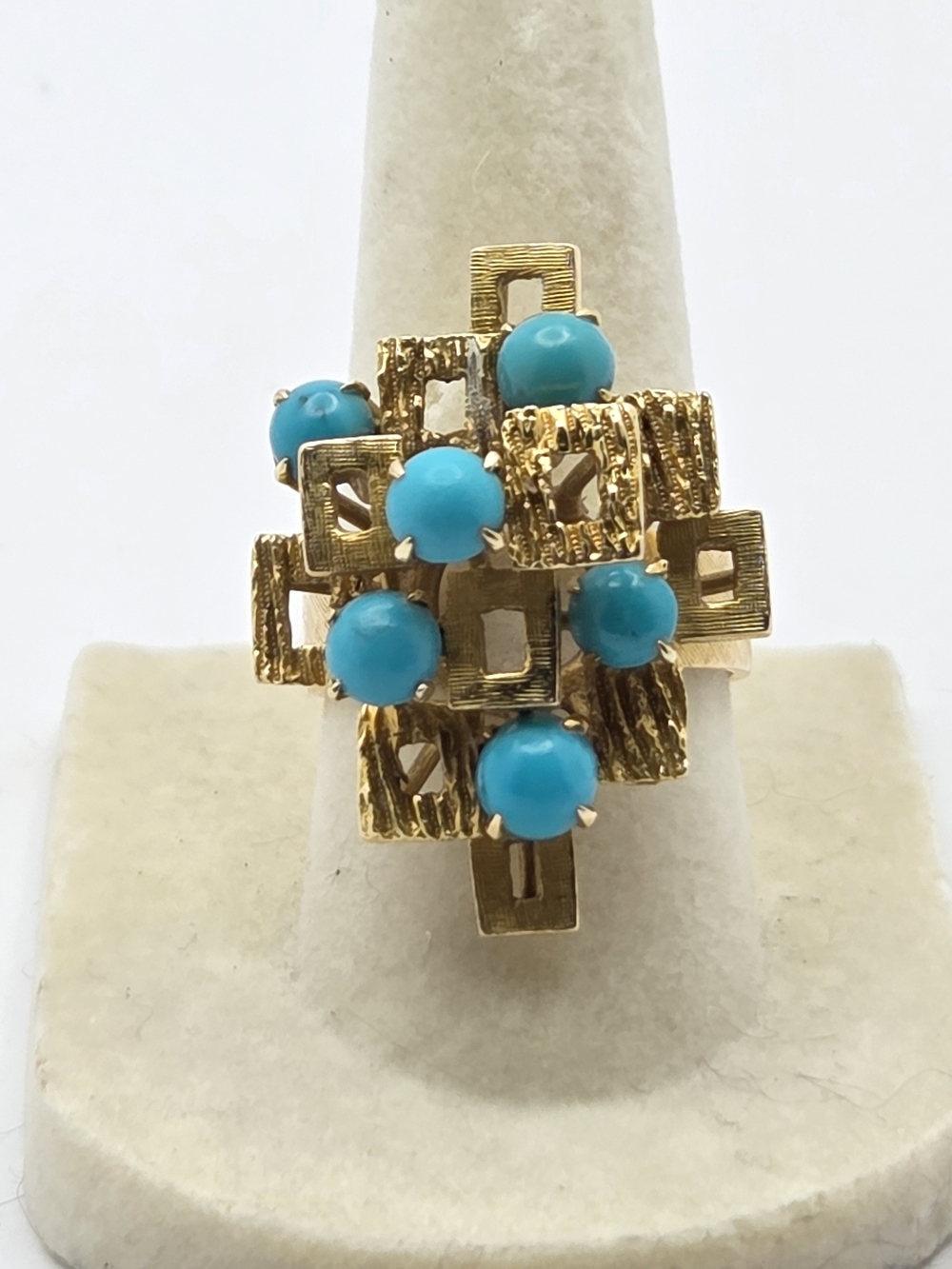 Vintage 14K Gold Brutalist Turquoise Statement Ring Size 7